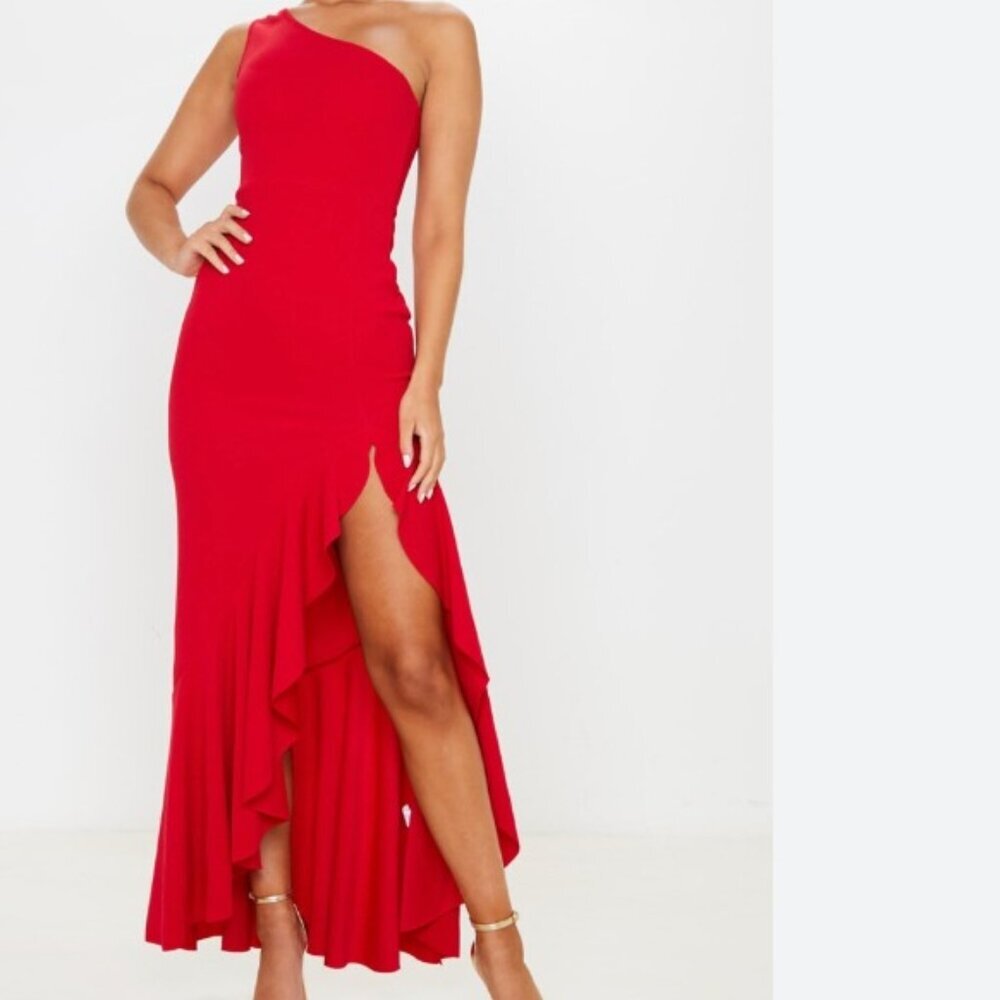 Red One Shoulder Frill Split Maxi Dress
